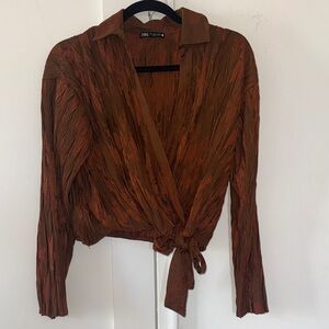 Zara Rust and Copper Twist-Tie Crinkle Blouse